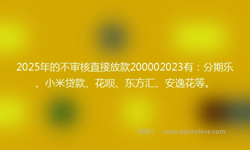 2025年的不审核直接放款200002023有：分期乐、小米贷款、花呗、东方汇、安逸花等。