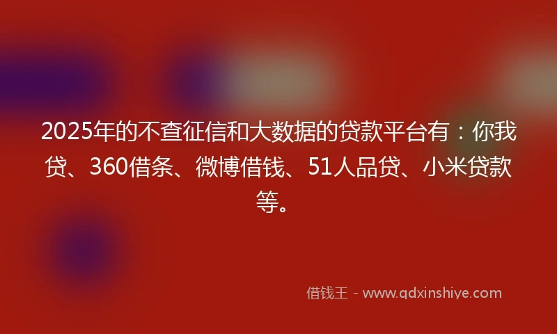 2025年的不查征信和大数据的贷款平台有：你我贷、360借条、微博借钱、51人品贷、小米贷款等。