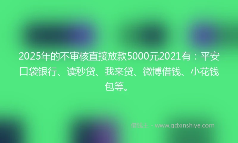 2025年的不审核直接放款5000元2021有：平安口袋银行、读秒贷、我来贷、微博借钱、小花钱包等。