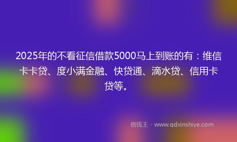 2025年的不看征信借款5000马上到账的有:维信卡卡贷、度小满金融、快贷通、滴水贷、信用卡贷等。