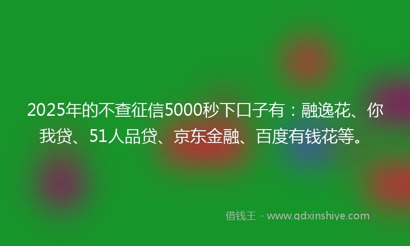 2025年的不查征信5000秒下口子有:融逸花、你我贷、51人品贷、京东金融、百度有钱花等。