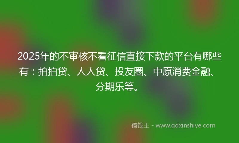 2025年的不审核不看征信直接下款的平台有哪些有：拍拍贷、人人贷、投友圈、中原消费金融、分期乐等。