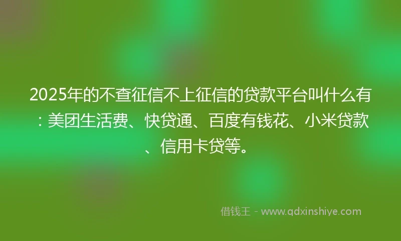 2025年的不查征信不上征信的贷款平台叫什么有：美团生活费、快贷通、百度有钱花、小米贷款、信用卡贷等。