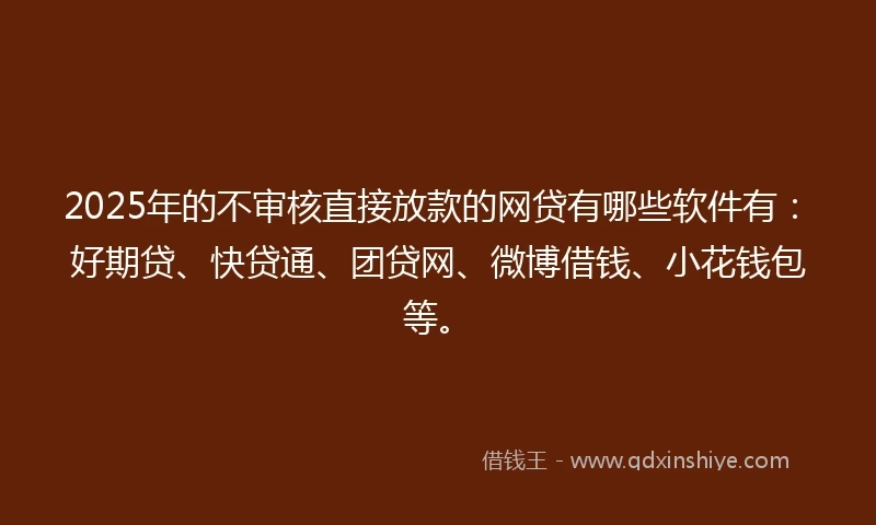 2025年的不审核直接放款的网贷有哪些软件有：好期贷、快贷通、团贷网、微博借钱、小花钱包等。