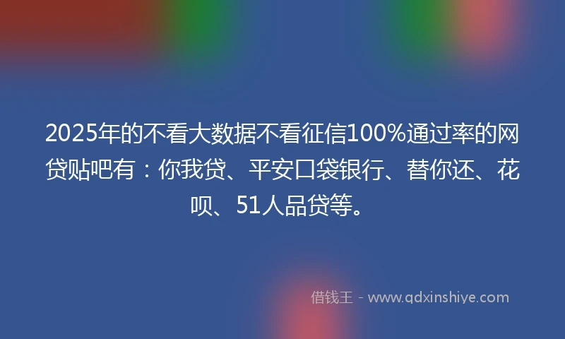2025年的不看大数据不看征信100%通过率的网贷贴吧有：你我贷、平安口袋银行、替你还、花呗、51人品贷等。