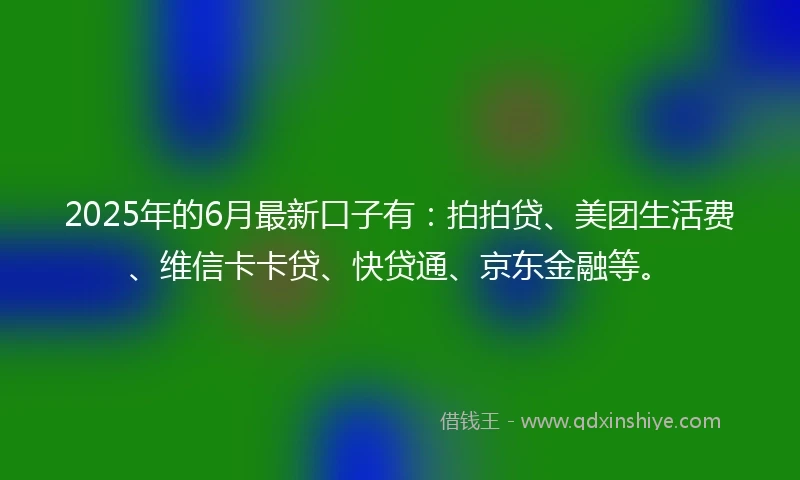 2025年的6月最新口子有：拍拍贷、美团生活费、维信卡卡贷、快贷通、京东金融等。