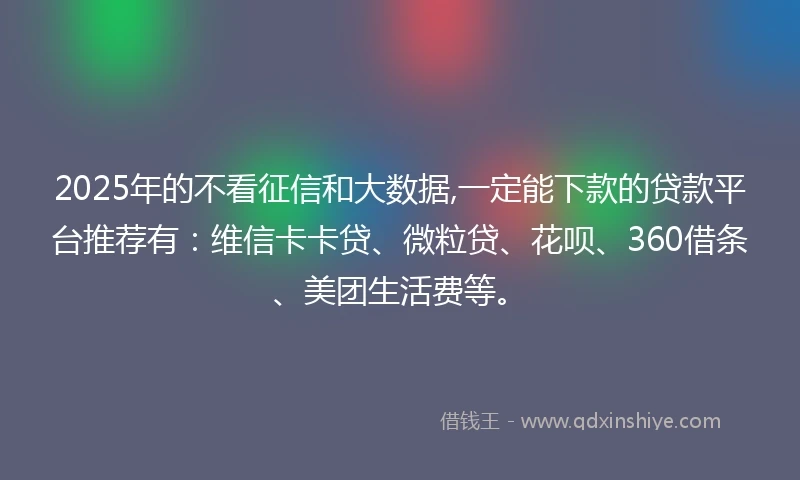2025年的不看征信和大数据,一定能下款的贷款平台推荐有：维信卡卡贷、微粒贷、花呗、360借条、美团生活费等。