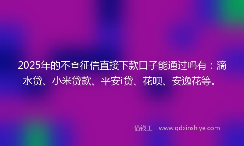 2025年的不查征信直接下款口子能通过吗有：滴水贷、小米贷款、平安i贷、花呗、安逸花等。