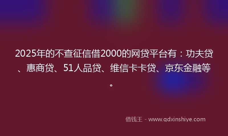 2025年的不查征信借2000的网贷平台有：功夫贷、惠商贷、51人品贷、维信卡卡贷、京东金融等。