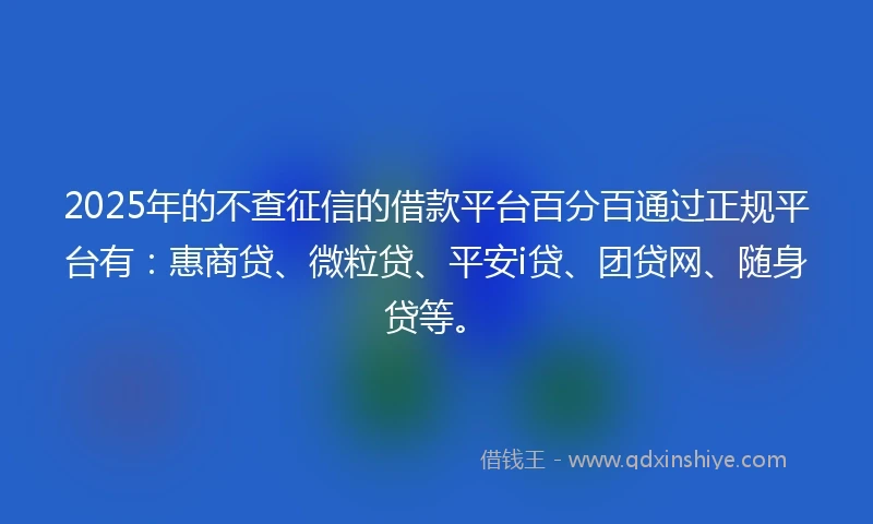 2025年的不查征信的借款平台百分百通过正规平台有：惠商贷、微粒贷、平安i贷、团贷网、随身贷等。