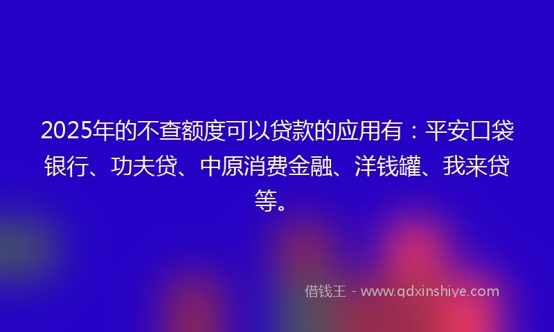 2025年的不查额度可以贷款的应用有：平安口袋银行、功夫贷、中原消费金融、洋钱罐、我来贷等。
