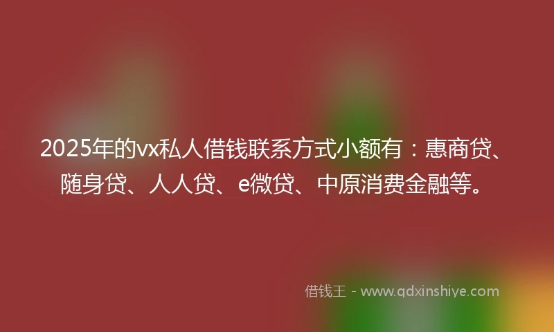 2025年的vx私人借钱联系方式小额有：惠商贷、随身贷、人人贷、e微贷、中原消费金融等。