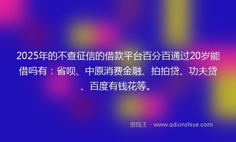 2025年的不查征信的借款平台百分百通过20岁能借吗有：省呗、中原消费金融、拍拍贷、功夫贷、百度有钱花等。