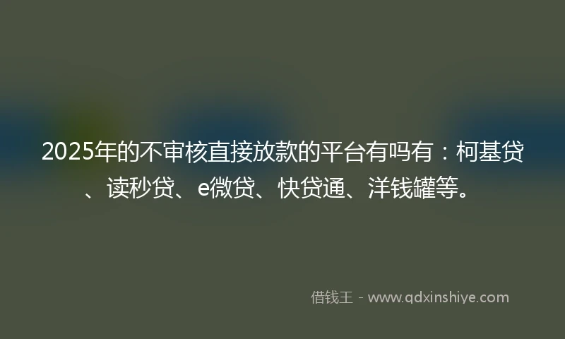 2025年的不审核直接放款的平台有吗有：柯基贷、读秒贷、e微贷、快贷通、洋钱罐等。