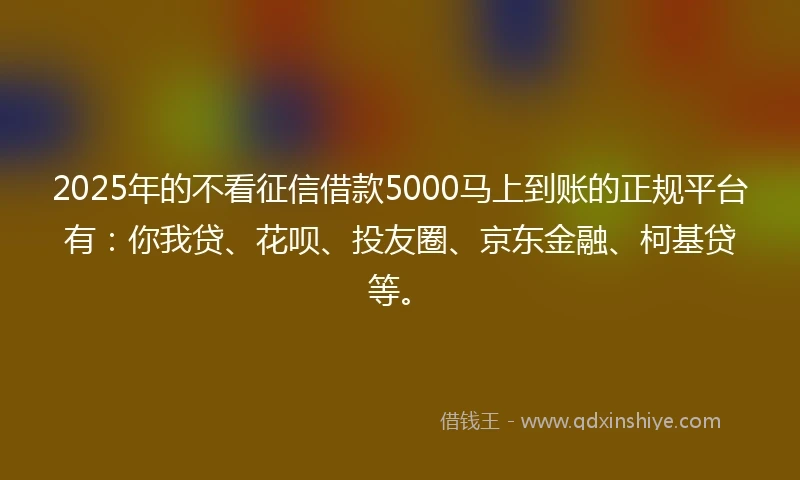 2025年的不看征信借款5000马上到账的正规平台有：你我贷、花呗、投友圈、京东金融、柯基贷等。