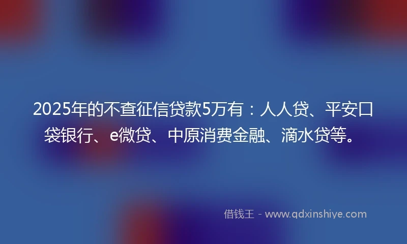 2025年的不查征信贷款5万有：人人贷、平安口袋银行、e微贷、中原消费金融、滴水贷等。