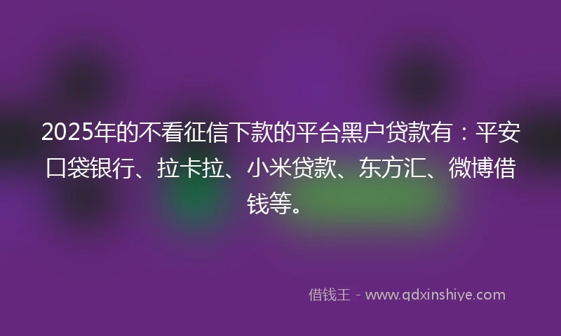 2025年的不看征信下款的平台黑户贷款有：平安口袋银行、拉卡拉、小米贷款、东方汇、微博借钱等。