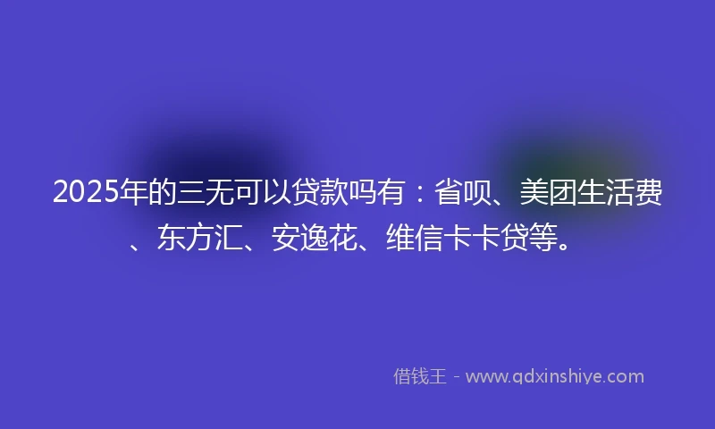 2025年的三无可以贷款吗有：省呗、美团生活费、东方汇、安逸花、维信卡卡贷等。