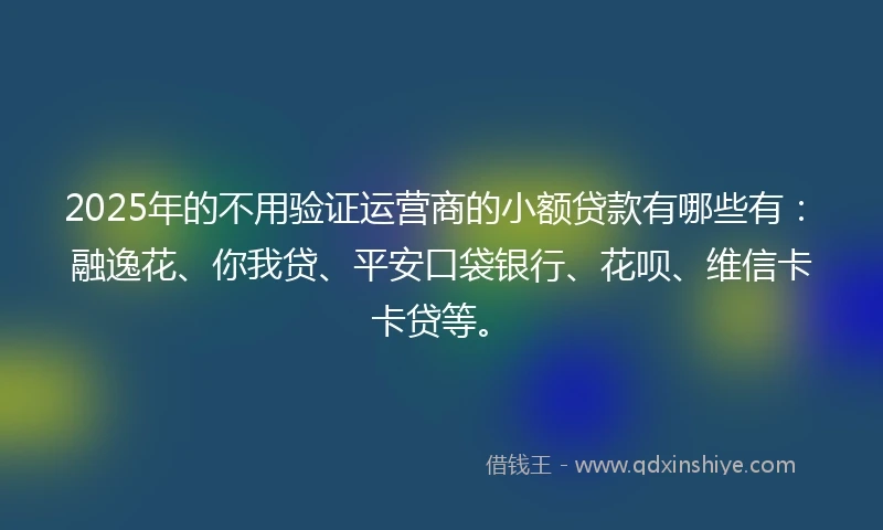 2025年的不用验证运营商的小额贷款有哪些有：融逸花、你我贷、平安口袋银行、花呗、维信卡卡贷等。