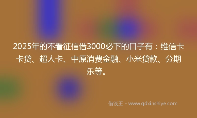 2025年的不看征信借3000必下的口子有：维信卡卡贷、超人卡、中原消费金融、小米贷款、分期乐等。