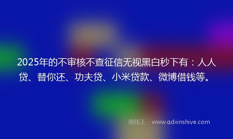2025年的不审核不查征信无视黑白秒下有：人人贷、替你还、功夫贷、小米贷款、微博借钱等。