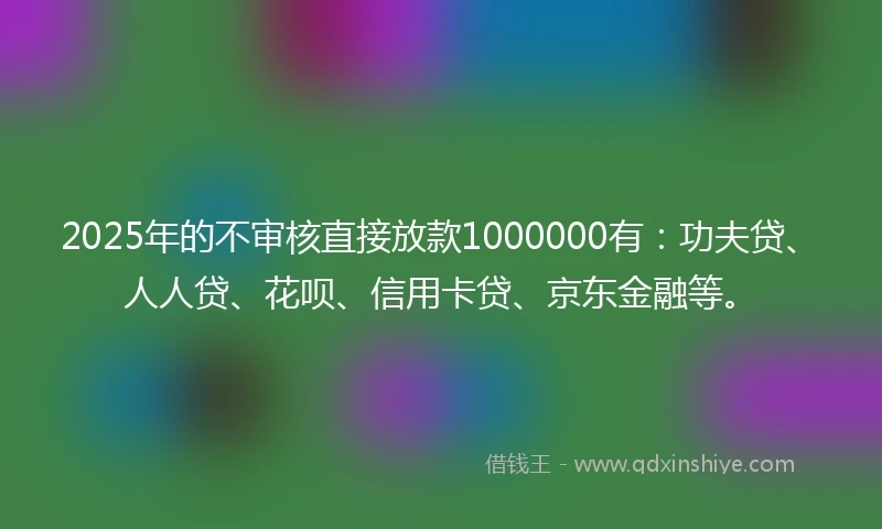 2025年的不审核直接放款1000000有:功夫贷、人人贷、花呗、信用卡贷、京东金融等。