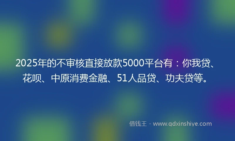 2025年的不审核直接放款5000平台有：你我贷、花呗、中原消费金融、51人品贷、功夫贷等。