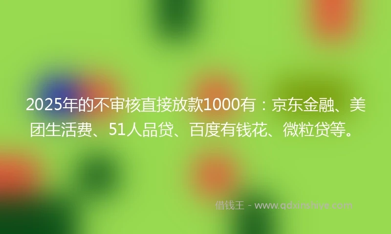 2025年的不审核直接放款1000有：京东金融、美团生活费、51人品贷、百度有钱花、微粒贷等。