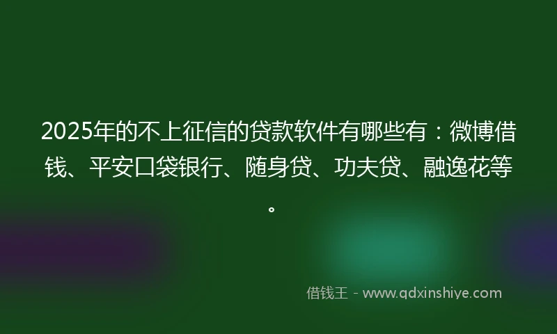 2025年的不上征信的贷款软件有哪些有：微博借钱、平安口袋银行、随身贷、功夫贷、融逸花等。