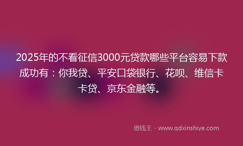 2025年的不看征信3000元贷款哪些平台容易下款成功有：你我贷、平安口袋银行、花呗、维信卡卡贷、京东金融等。