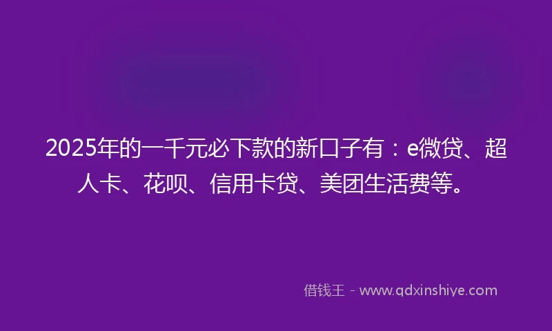 2025年的一千元必下款的新口子有：e微贷、超人卡、花呗、信用卡贷、美团生活费等。