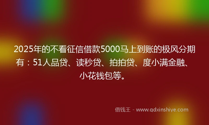 2025年的不看征信借款5000马上到账的极风分期有：51人品贷、读秒贷、拍拍贷、度小满金融、小花钱包等。