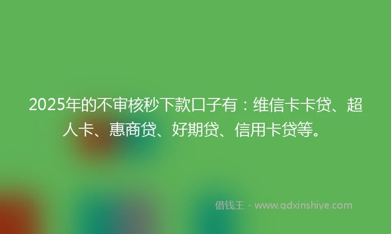 2025年的不审核秒下款口子有：维信卡卡贷、超人卡、惠商贷、好期贷、信用卡贷等。