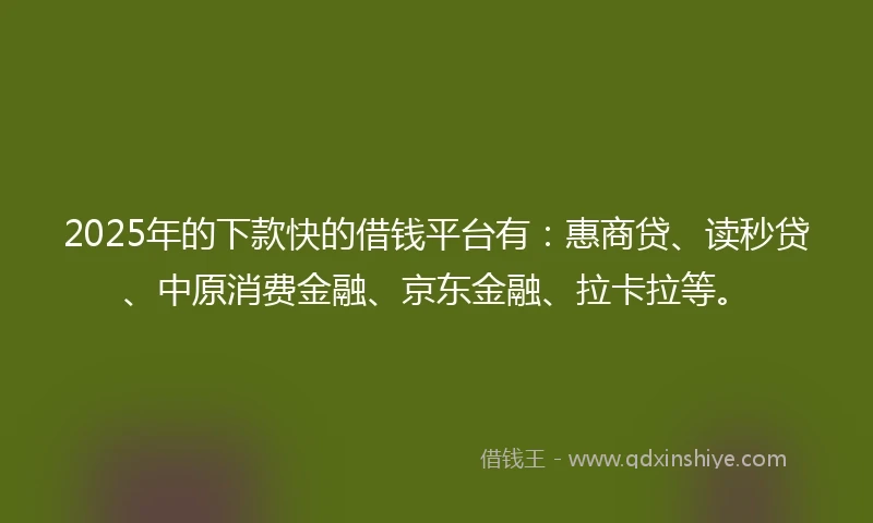 2025年的下款快的借钱平台有：惠商贷、读秒贷、中原消费金融、京东金融、拉卡拉等。