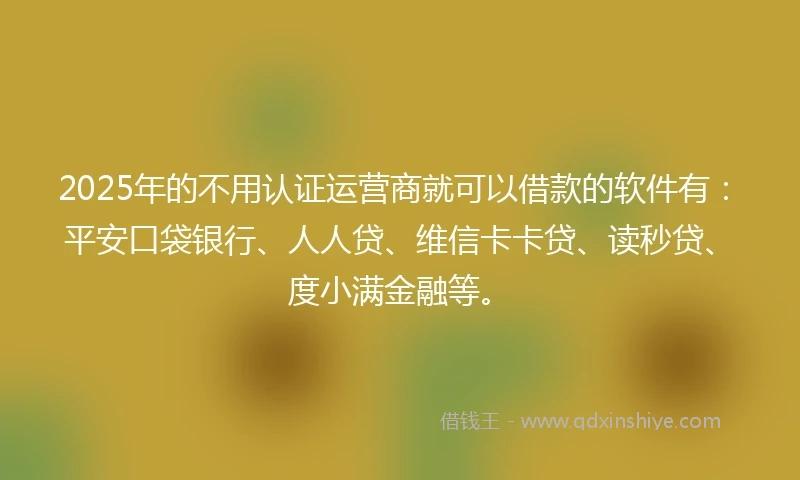 2025年的不用认证运营商就可以借款的软件有：平安口袋银行、人人贷、维信卡卡贷、读秒贷、度小满金融等。