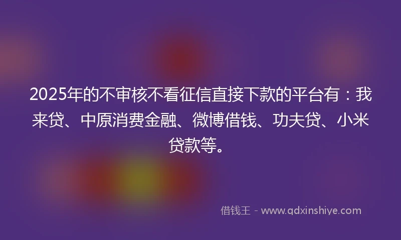 2025年的不审核不看征信直接下款的平台有：我来贷、中原消费金融、微博借钱、功夫贷、小米贷款等。