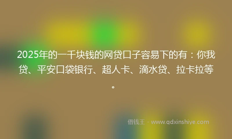 2025年的一千块钱的网贷口子容易下的有：你我贷、平安口袋银行、超人卡、滴水贷、拉卡拉等。