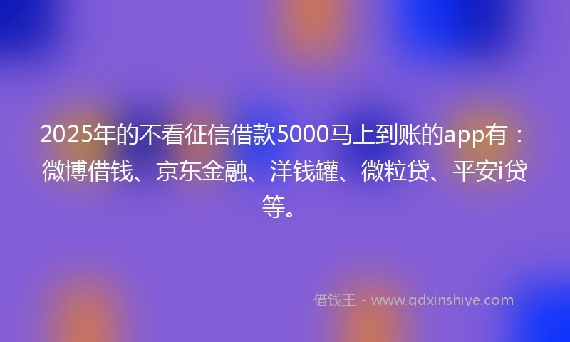 2025年的不看征信借款5000马上到账的app有：微博借钱、京东金融、洋钱罐、微粒贷、平安i贷等。