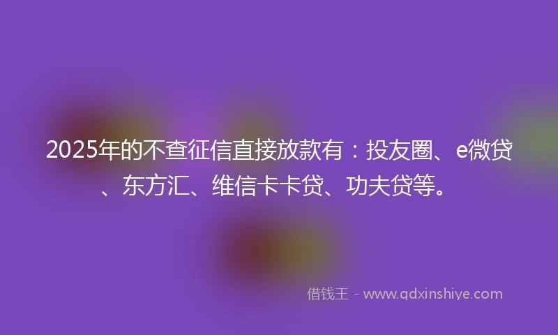 2025年的不查征信直接放款有：投友圈、e微贷、东方汇、维信卡卡贷、功夫贷等。