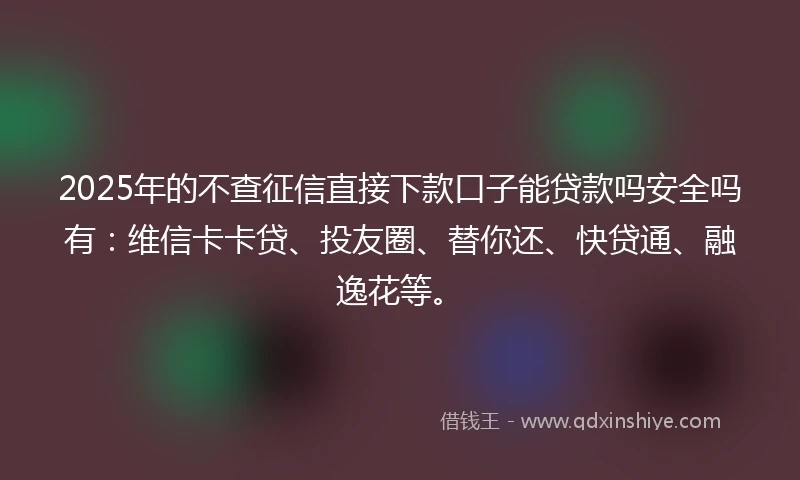 2025年的不查征信直接下款口子能贷款吗安全吗有：维信卡卡贷、投友圈、替你还、快贷通、融逸花等。