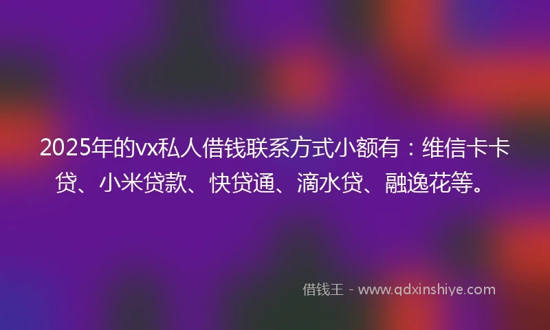 2025年的vx私人借钱联系方式小额有：维信卡卡贷、小米贷款、快贷通、滴水贷、融逸花等。