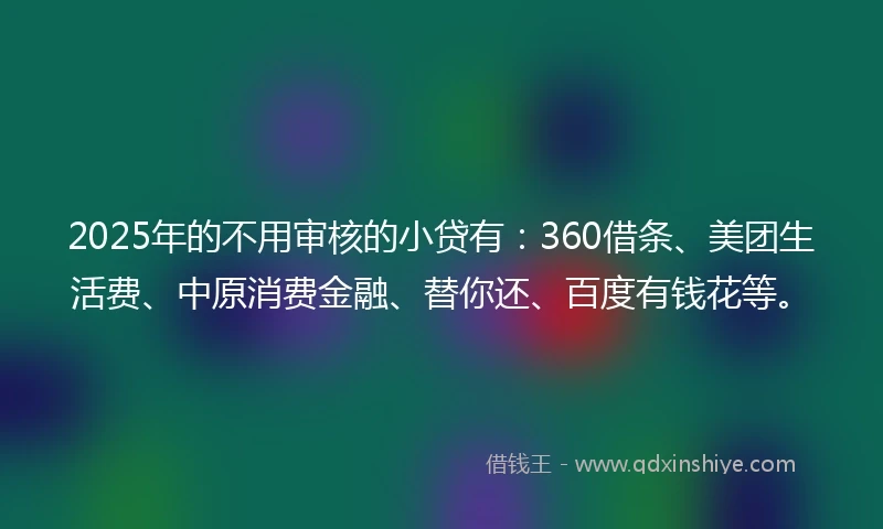 2025年的不用审核的小贷有：360借条、美团生活费、中原消费金融、替你还、百度有钱花等。