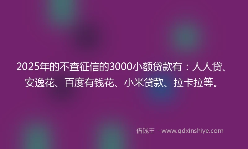 2025年的不查征信的3000小额贷款有：人人贷、安逸花、百度有钱花、小米贷款、拉卡拉等。