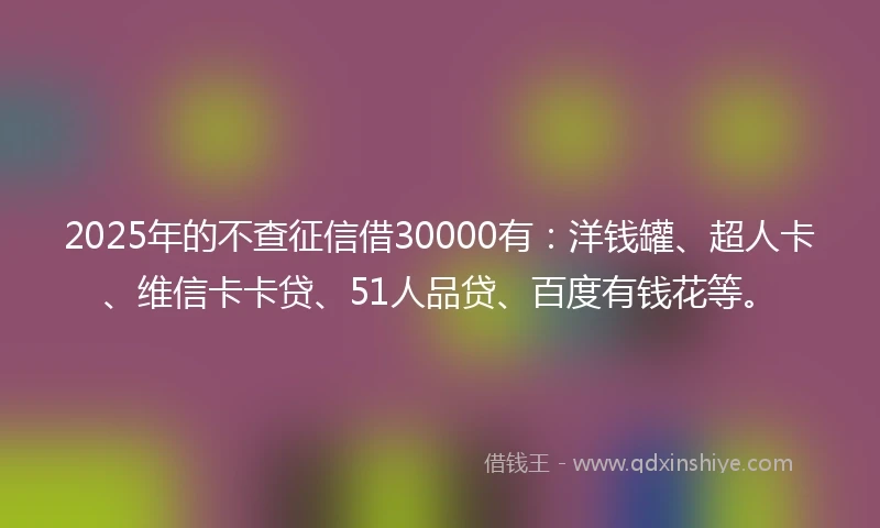 2025年的不查征信借30000有：洋钱罐、超人卡、维信卡卡贷、51人品贷、百度有钱花等。