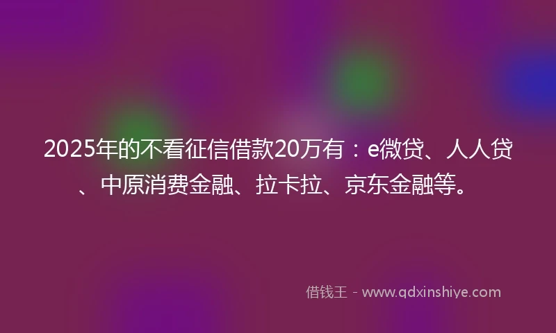 2025年的不看征信借款20万有：e微贷、人人贷、中原消费金融、拉卡拉、京东金融等。