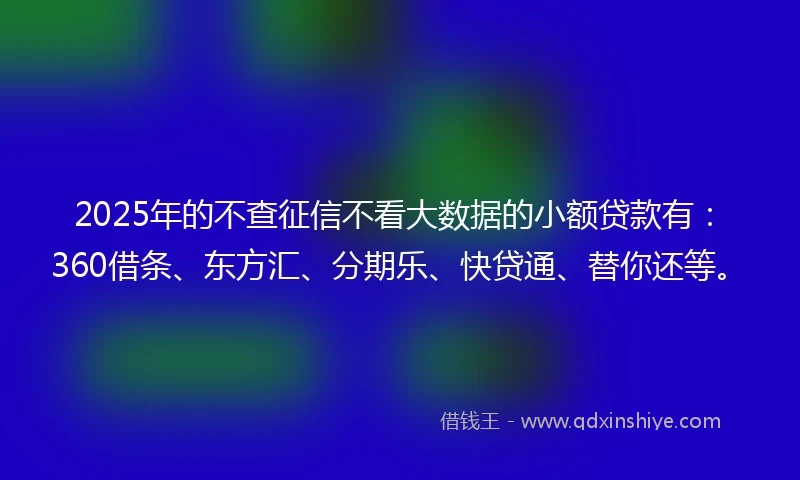 2025年的不查征信不看大数据的小额贷款有：360借条、东方汇、分期乐、快贷通、替你还等。