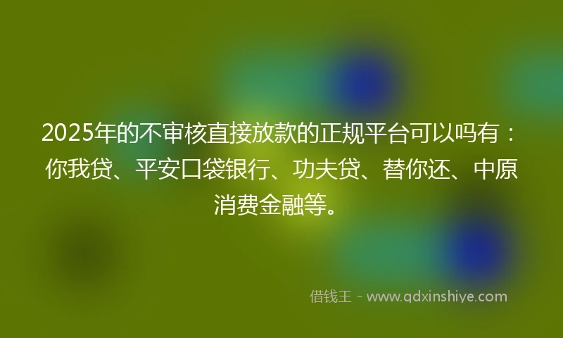 2025年的不审核直接放款的正规平台可以吗有：你我贷、平安口袋银行、功夫贷、替你还、中原消费金融等。