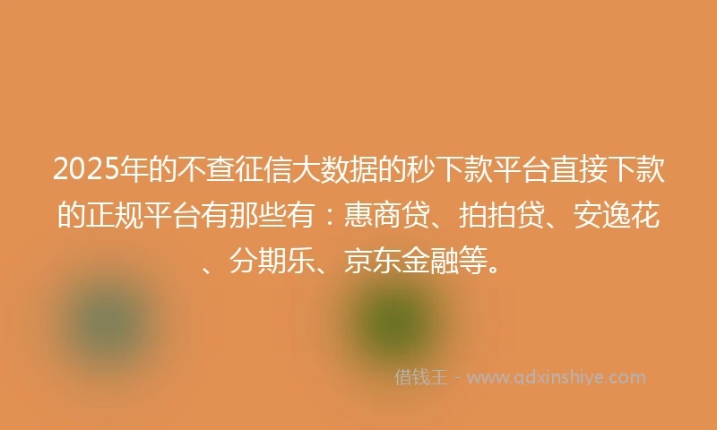 2025年的不查征信大数据的秒下款平台直接下款的正规平台有那些有：惠商贷、拍拍贷、安逸花、分期乐、京东金融等。