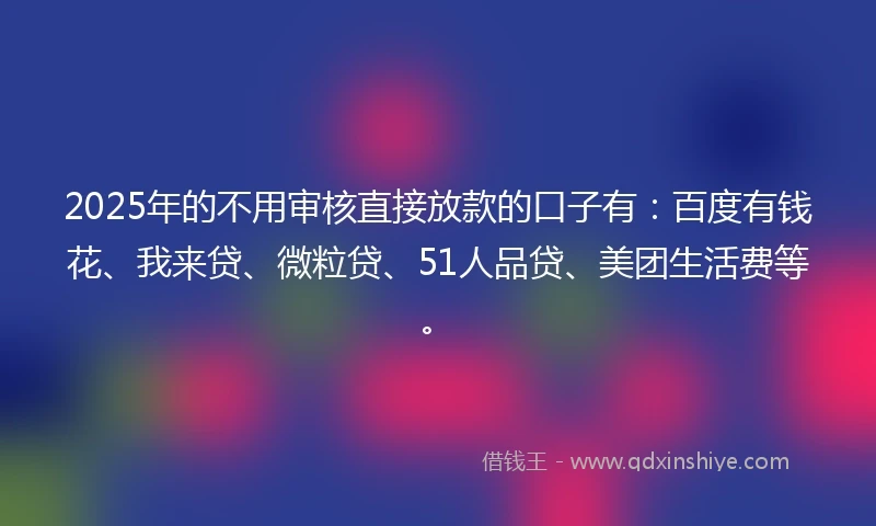 2025年的不用审核直接放款的口子有：百度有钱花、我来贷、微粒贷、51人品贷、美团生活费等。