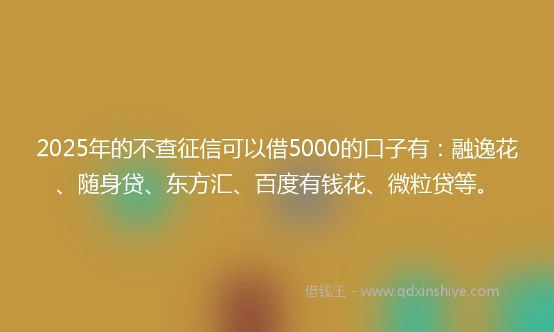 2025年的不查征信可以借5000的口子有：融逸花、随身贷、东方汇、百度有钱花、微粒贷等。